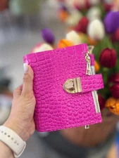 Pink leather notebook cover A7 6 rings mini wallet