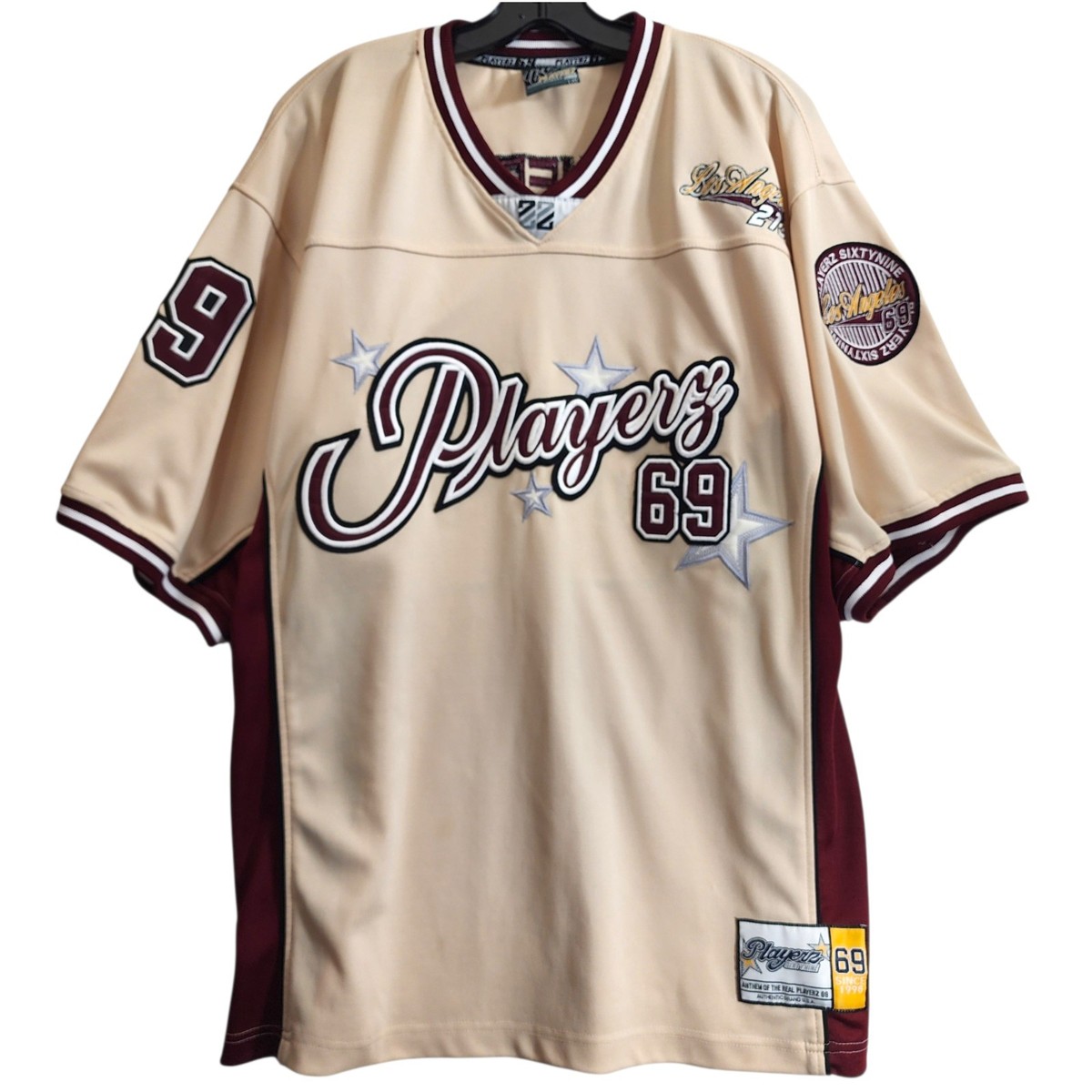 激レア　Player69 レザー ジャケット hiphop 2000 3XL Vintage PLAYERS 69 Jersey Mens Large Ivory Brown LOS ANGELES 213