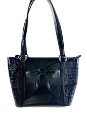 Brighton Black Croc-Embossed Leather Shoulder Bag w/Bow Heart Charm, Dust Bag