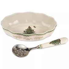 Spode Christmas Tree Cranberry Dish & Server Set - 8" Festive Holiday Serveware