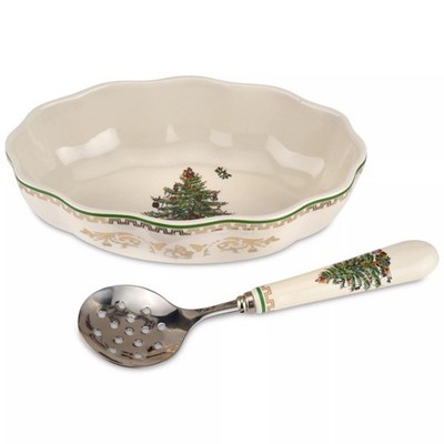 Spode Christmas Tree Cranberry Dish & Server Set - 8'' Festive Holiday Serveware