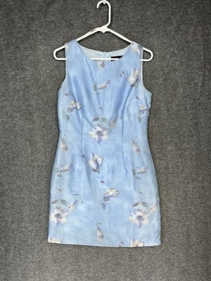 Vintage John Roberts Mini Dress Petite Size 6P Blue Floral Taffeta Lined 90s Y2K