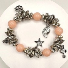 Vintage Charm Stretch Bracelet Pink Peach Round Beads Silver Tone Leaf Star Key