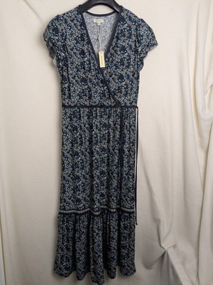 Max Studio Damen Größe Large Blumenmuster Blau Mix Stufen Langes Kleid UVP 98,00 $ NEU