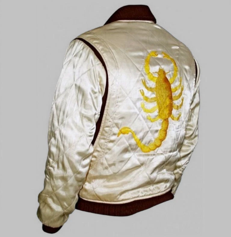 Drive Scorpion Ivory Satin Slim Fit Ryan Gosling Movie Bomber Quilted Jacket - Image 2 of 3