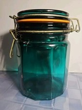 Vintage Emerald Green Wire Bail Hinged 12 Panel Cannister Jar 5 1/2”  Tall