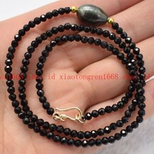 Faceted 3mm Bright Black Spinel Gems  Black Rice Pearl Pendant Necklace 16-28''