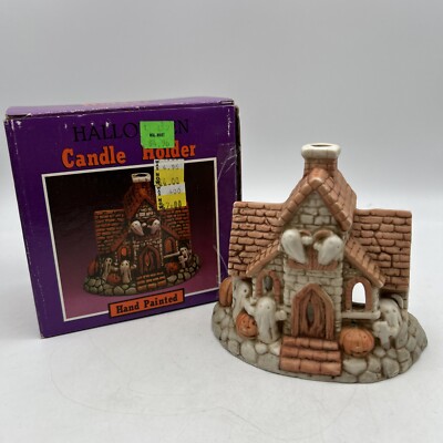 Vtg 4.5x5  Hand Painted Porcelain Tea Light Candle Holder Haunted House Ghost