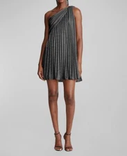 $445 Halston Women's Black Shimmer Pleated Twist One-Shoulder Clare Dress Size 0