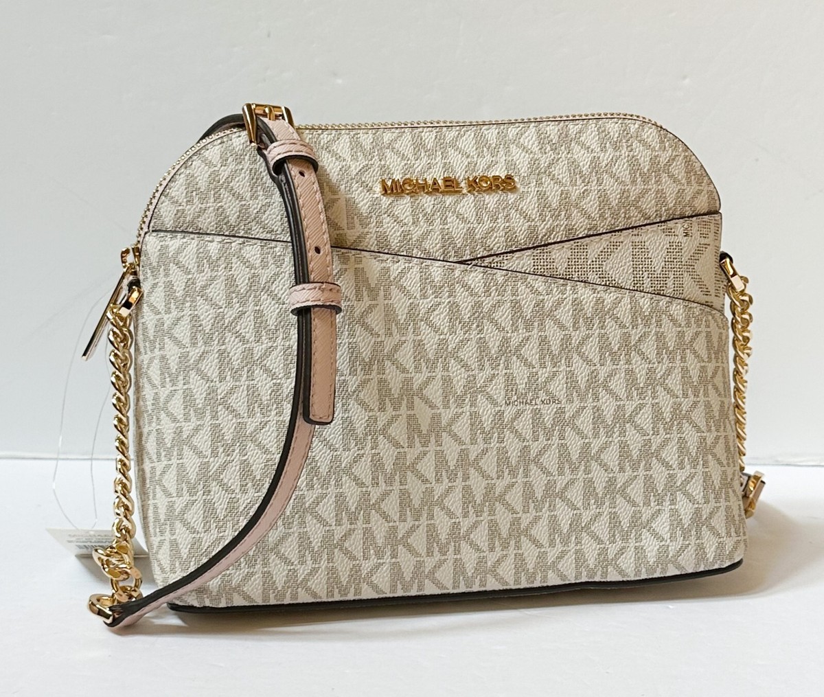 Michael Kors Jet Set Travel Medium Dome Crossbody Bag PVC Logo Signature  Vanilla