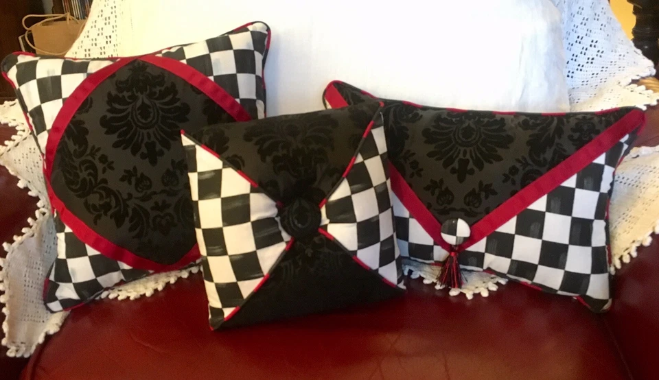 Black Damask Burgundy Envelope Pillow Mackenzie Childs Napkin - Image 3 of 4