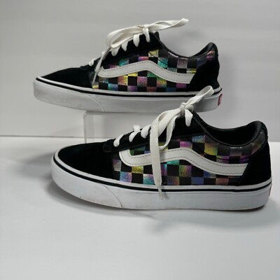 Vans Womens Old Skool Shoes Size Black w/ Glitter Rainbow Checkerboard  Clean!