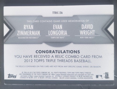 Ryan Zimmerman Evan Longoria David Wright 2012 triple hilos sp #01/36 reliquia guiada - Imagen 2 de 2