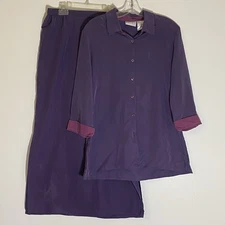 Jaclyn Smith Skirt Set Womens Medium Purple Satin Suede Contrast Cuff Button VTG
