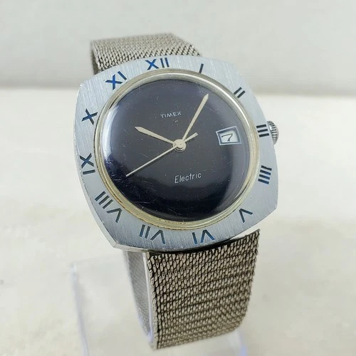 RARE VINTAGE 1970'S TIMEX ELECTRIC CALENDAR ROMAN DARK BLUE MESH MEN'S WATCH