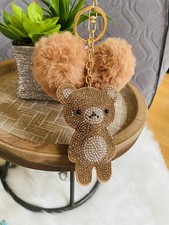 Brown Rhinestone Teddy Bear Keychain with Fluffy Pom Poms