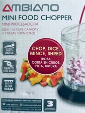 Ambiano Electric Mini Food Chopper 1.5 Cups Capacity Safety Lock Lid BPA Free