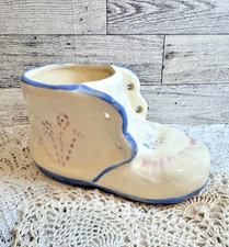 Ceramic Planter Baby Bootie Shoe Succulent Vase Blue Shower Gift Vtg Handmade