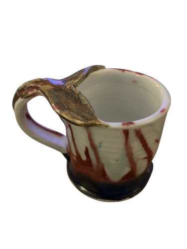 Vintage Studio Art Pottery Large Handle Mug Red White And Blue Drip Glazed Whale
