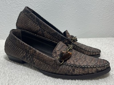 Stuart Weitzman Snakeskin Leather Jeweled Slip-On Loafers Sz 7 1/2 Brown