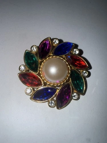 Vintage Colorful Navette Rhinestone Brooch Goldtone Pin Costume Jewelry