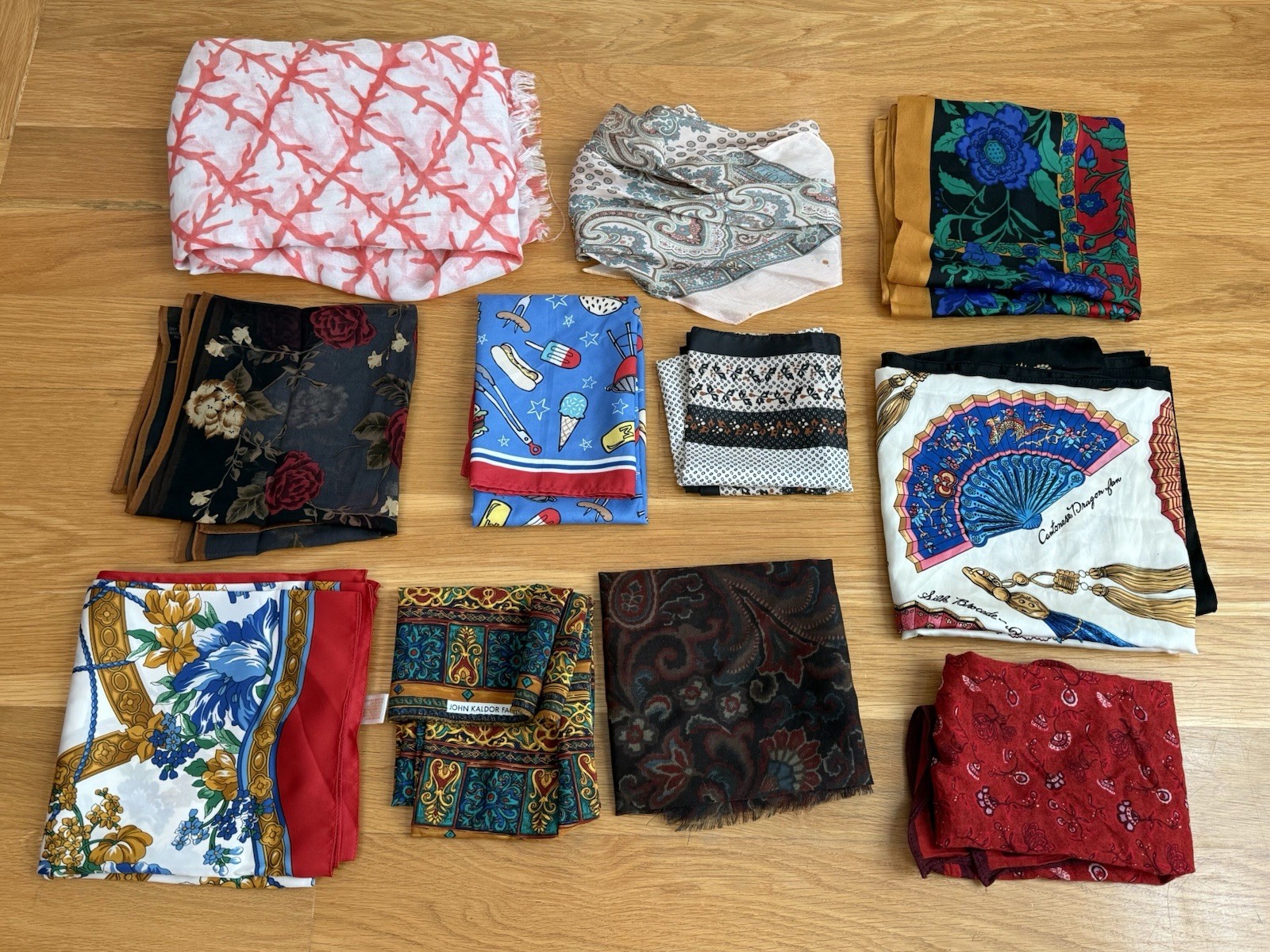 Vintage to Now SCARF LOT Silky & 100% Silk Mix Chinese Fans Coral Echo Italy