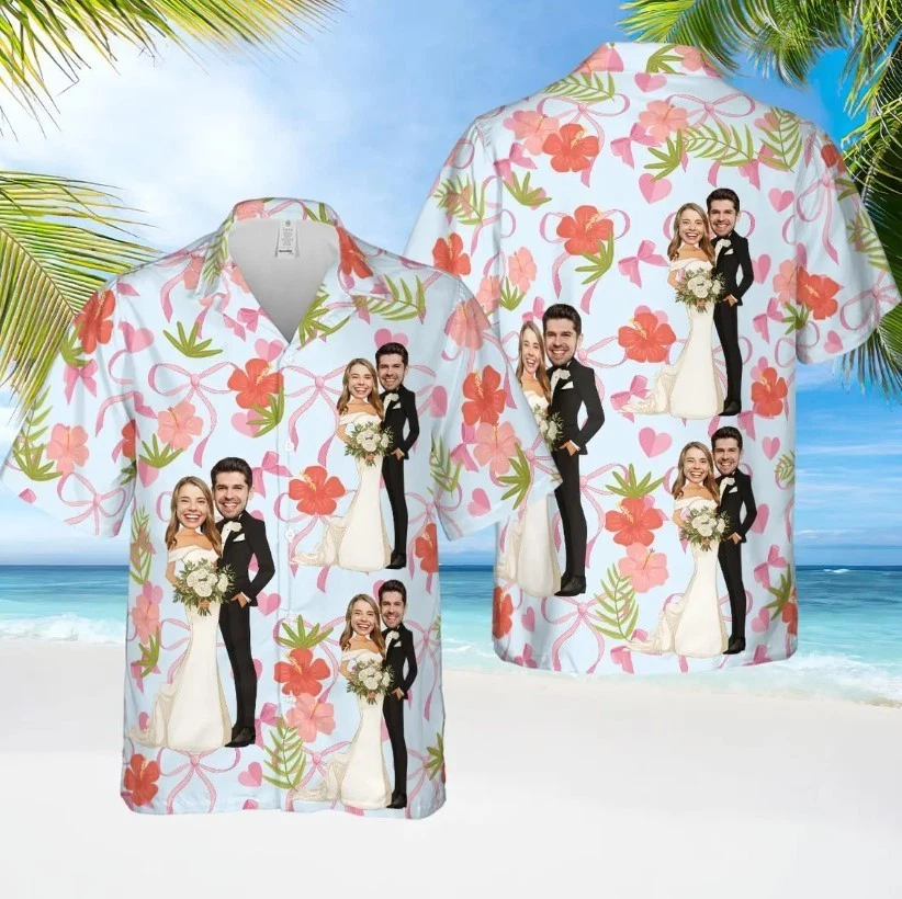 Personalized Face Hawaiian Shirt, Wedding Photo Button Up Shirt
