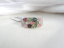 Sterling Silver 925 Multi Row Natural Tourmaline Ring Size 8