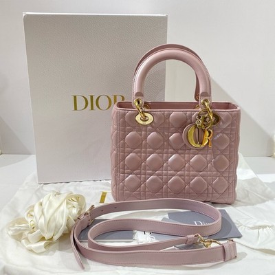 Dior Pearl Pink Gold Lambskin Lady Dior Five Flap Top Handle Crossbody Bag