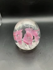 Vtg. St Clair Art Glass Paperweight Artist Signed Joe Rice Pink Trumpet Flowers