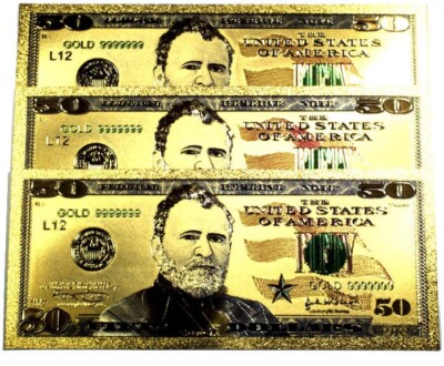 (10) 99.9% 24K GOLD $50 BILL US BANKNOTES IN PROTECTIVE SLEEVES FREE