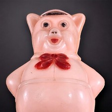 Vintage Celluloid Baby Rattle Pink Pig with Red Bow and Handle Collectible