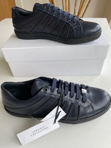 VERSACE COLLECTION MENS NAVY Leather Sneaker Trainer Shoes size 9 / 43 NEW