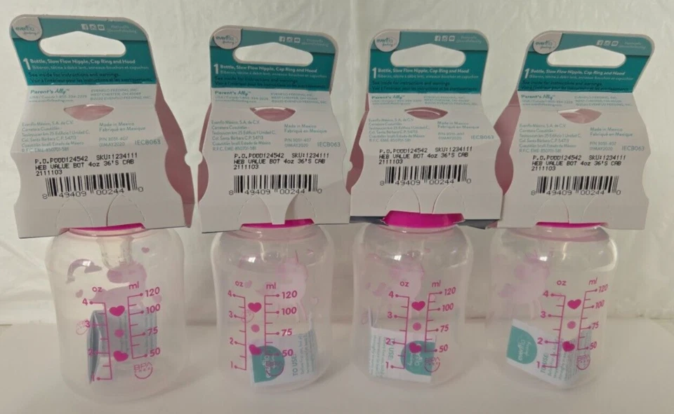 Paquete de 4 botellas Evenflo de 1-4 oz 0 m+ de flujo lento pezón rosa estampado de pony sin BPA Foto 2 de 3