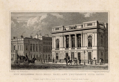 Antiker Druck-PALL MALL-LONDON-ENGLAND-UNIVERSITY CLUB HOUSE-Shepherd-1827