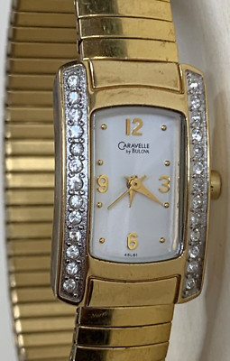 Caravelle Bulova Diamond Womens Rectangular Gold Tone Watch  display picture 2