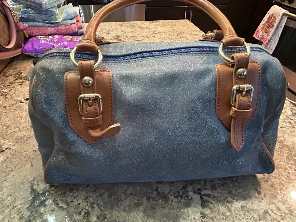 Bolso de Mano Valentina Metálico Denim Azul Gamuza Cuero Italia Foto 2 de 4