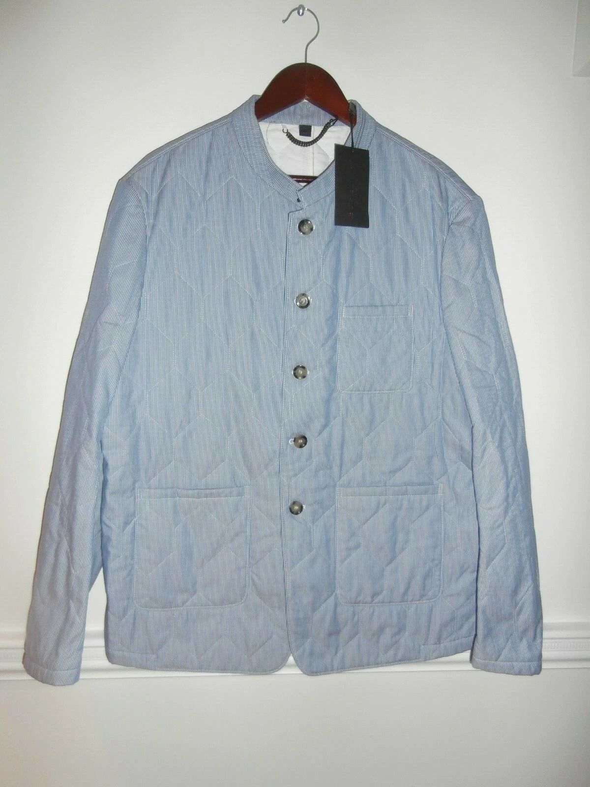 Cappotto trapuntato BURBERRY PRORSUM righe blu bianche 54 nuovo con etichetta