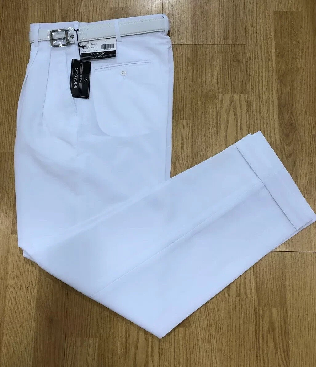 MEN'S WHITE PLEATED DRESS PANTS SLACKS TROUSERS WHITE BELT CUFFED BOTTOMS  NEW