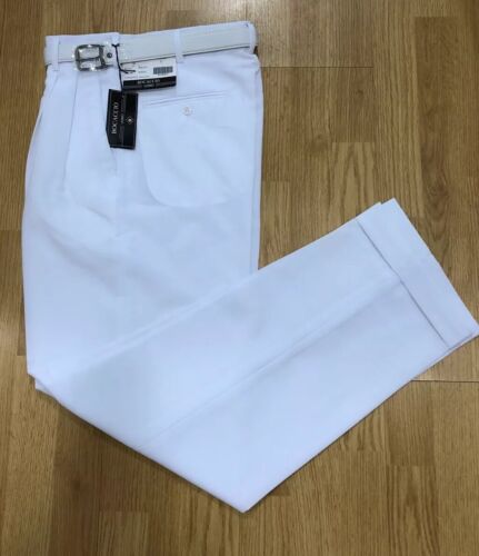 MEN'S WHITE PLEATED DRESS PANTS SLACKS TROUSERS WHITE BELT CUFFED BOTTOMS NEW - Picture 1 of 6