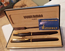 Vintage WATERMAN Fountain  Ballpoint Pen Set Gold  maroon Lacquer In Case