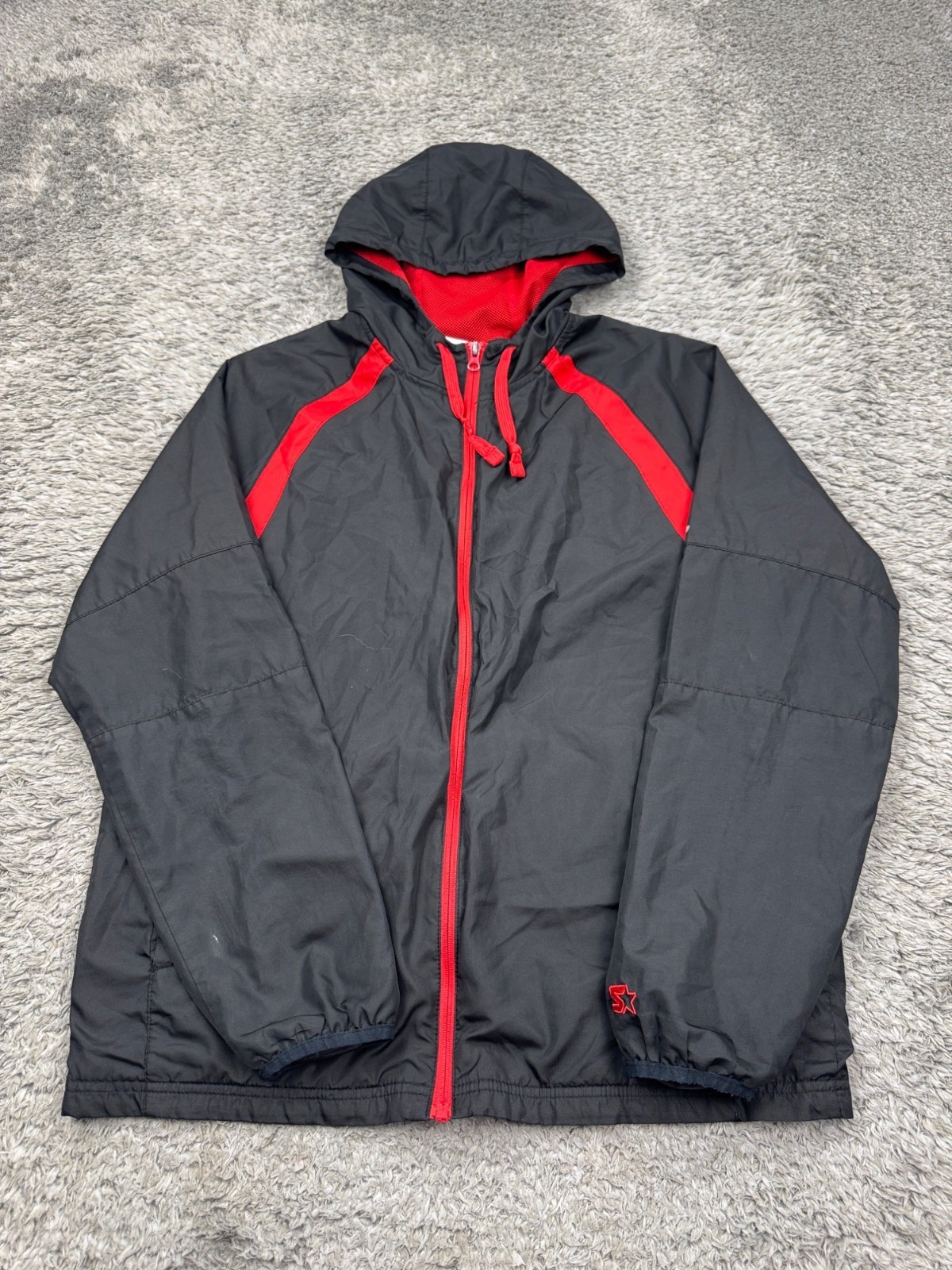 Starter Track Jacket Men Medium Black Full Zip Mesh Lined Hooded Windbreaker Vtg