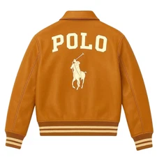 Polo Varsity Bomber Jacket: Genuine Cowhide Leather, Camel Brown | RL