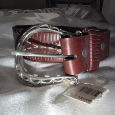 Nocona Brown Western Belt Silver Buckle Embroidered Button Men's Size 32