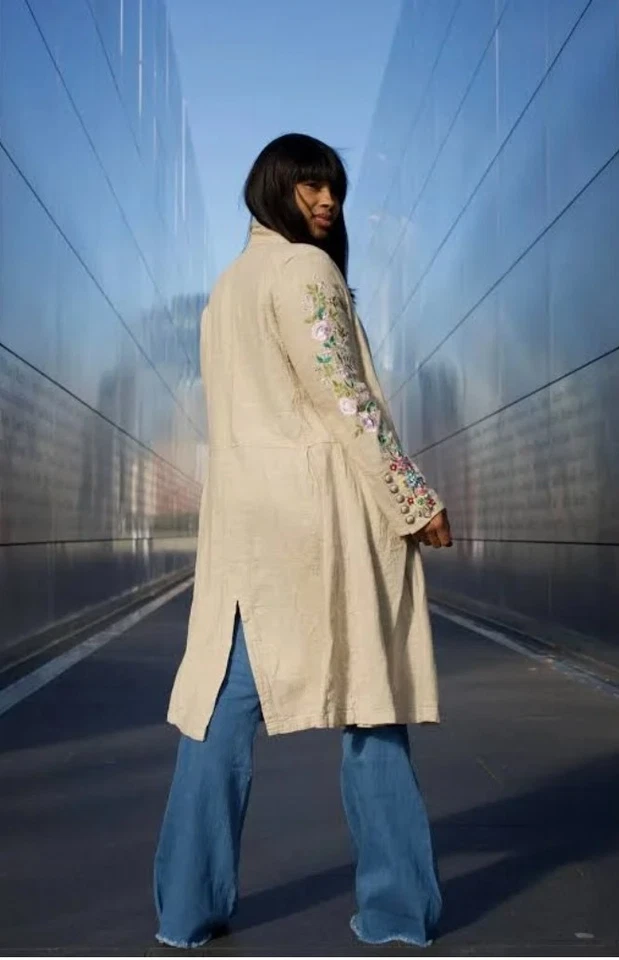 Aratta Silent Journey Jacket Military Large Heavy Linen Floral Embroidery Duster - Image 3 of 4