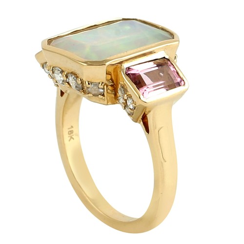 Anello in oro giallo 18 carati opale rosa tormalina con diamanti da donna... - Foto 4 di 6