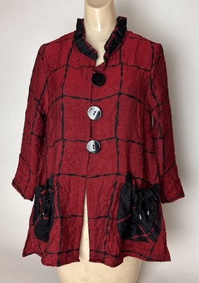 Ali Miles Womens S Red Black Crinkle Wearable Art Lagenlook Jacket Blouse top
