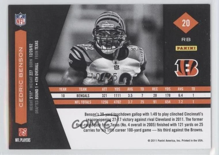 2011 Panini Limited Spotlight Gold /25 Cedric Benson #20 - Image 2 of 2