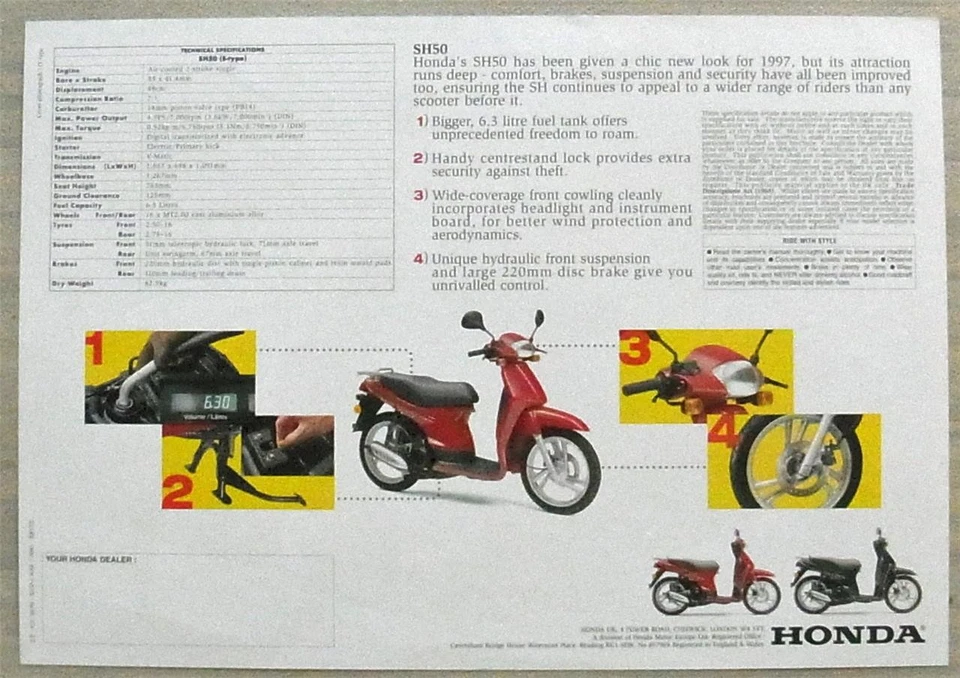 HONDA SH Fifty Moped Sales Specification Leaflet Oct 1996 Ref BR9721 - Image 2 of 2