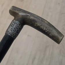 Victorian Walking Stick w/Bovine Horn Handle & Hallmarked Repousse Silver Collar